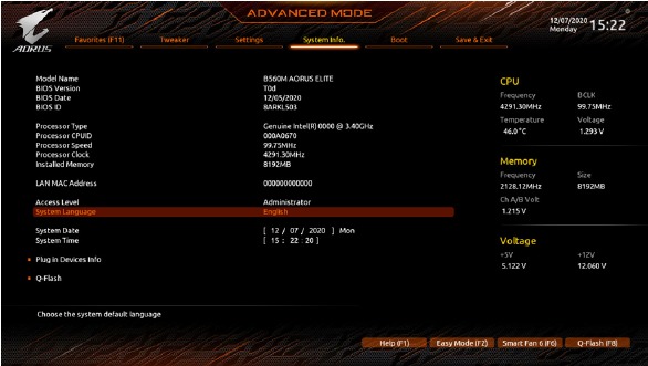 Gigabyte - B560M AORUS ELITE - Ρύθμιση BIOS - Πληροφορίες συστήματος Ρύθμιση BIOS - Πληροφορίες συστήματος