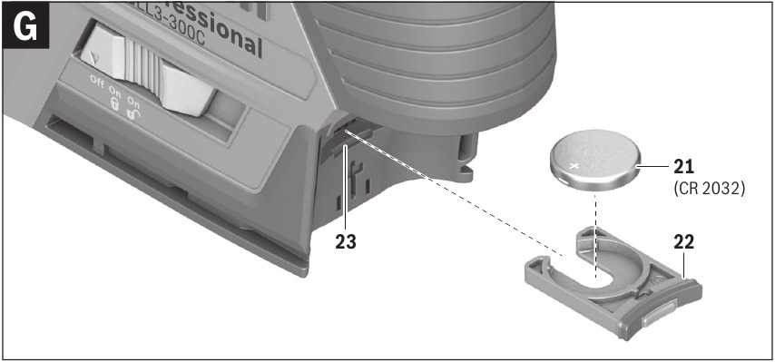 Bosch - GLL3-330C - Ativação/substituição da pilha tipo botão Ativação/substituição da pilha tipo botão