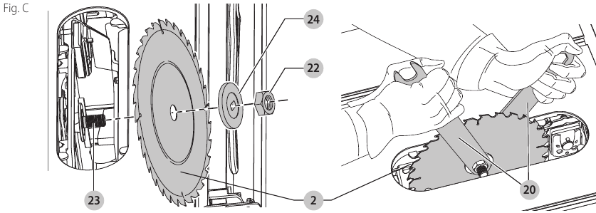 DeWalt – DWE7491 – Montáž – Krok 1 – Montáž pílového kotúča Montáž – Krok 1 – Montáž pílového kotúča