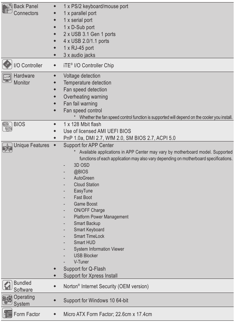 Gigabyte - H310M DS2 - Προδιαγραφές Προϊόντος - Πίνακας 2 Προδιαγραφές Προϊόντος - Πίνακας 2