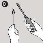 Prižiganje vsebine posode za zgorevanje z dolgo vžigalico ali vžigalnikom z dolgim nosom.