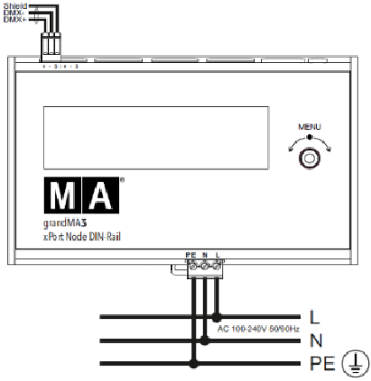 MA lighting - grandMA3 xPort Nodes DIN-Rail - Inštalácia - Pripojenia - Krok 1 Inštalácia - Pripojenia - Krok 1