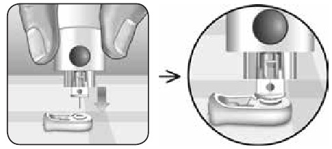 OneTouch - Lifescan Delica Plus - Naudoto lanceto išėmimas - 2 žingsnis - Uždenkite atvirą lanceto galiuką Naudoto lanceto išėmimas - 2 žingsnis - Uždenkite atvirą lanceto galiuką