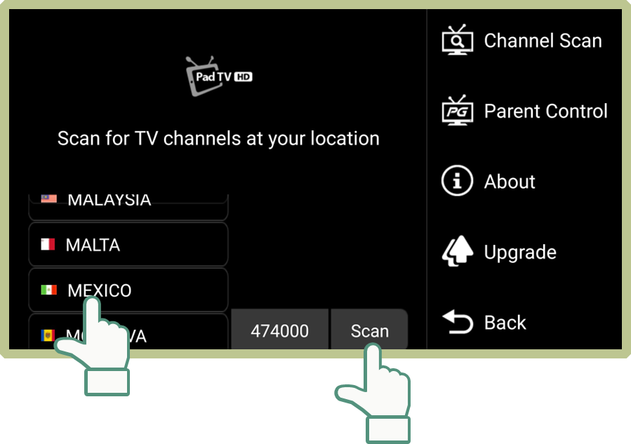 Steren - Mobile Tuner - CÓMO USAR - Paso 3 - Elija el país CÓMO USAR - Paso 3 - Elija el país