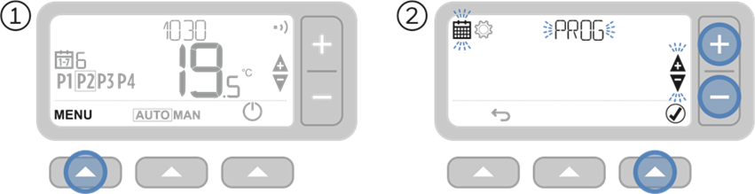 Honeywell Home - T3 - Podešavanje rasporeda - Korak 1-2 - Pritisnite MENU i odaberite PROG, a zatim potvrdite Podešavanje rasporeda - Korak 1-2 - Pritisnite MENU i odaberite PROG, a zatim potvrdite