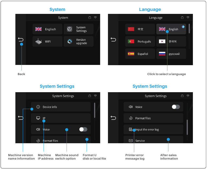 Elegoo - Saturn 3 Ultra - Visión general de la pantalla de operación - Parte 5 - Lista de sistemas Visión general de la pantalla de operación - Parte 5 - Lista de sistemas