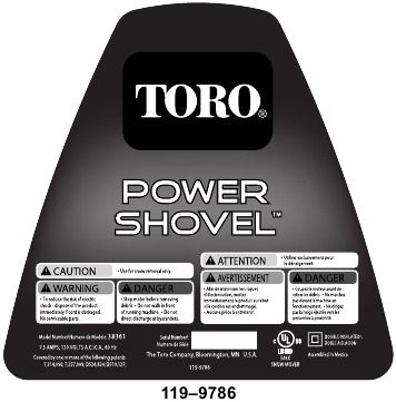 Toro - Pala eléctrica - Calcomanías de seguridad Calcomanías de seguridad