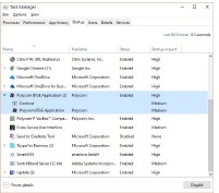 Taakbeheer-dialoogvenster dat de Polycom BToE Connector toont onder het tabblad Opstarten Taakbeheer-dialoogvenster dat de Polycom BToE Connector toont onder het tabblad Opstarten