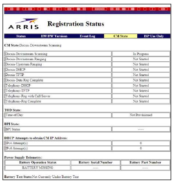 Arris - SURFboard SBV2402 - Stav registrace Stav registrace