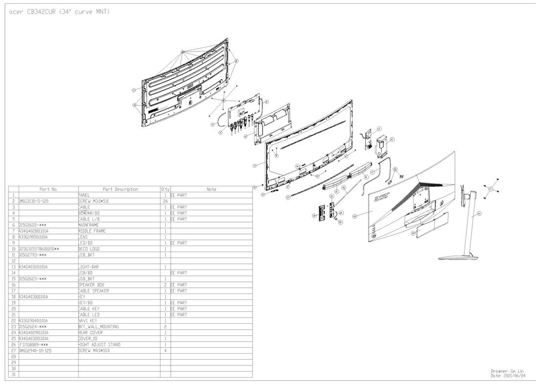 Acer - CB342CUR - Mchoro wa mtazamo wa kulipuka na orodha ya vipengee Mchoro wa mtazamo wa kulipuka na orodha ya vipengee