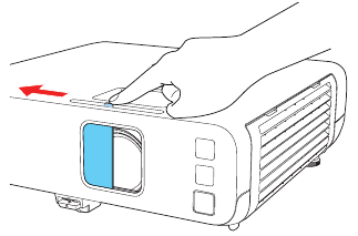 EPSON - PowerLite EB-L250F - Hidupkan peralatan Anda - Langkah 2 - Buka penutup lensa proyektor Hidupkan peralatan Anda - Langkah 2 - Buka penutup lensa proyektor