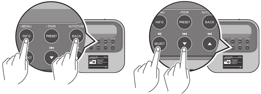 Sangean - REVERY R4 - Tryk og hold Menu-knappen nede. Tryk og hold Menu-knappen nede.