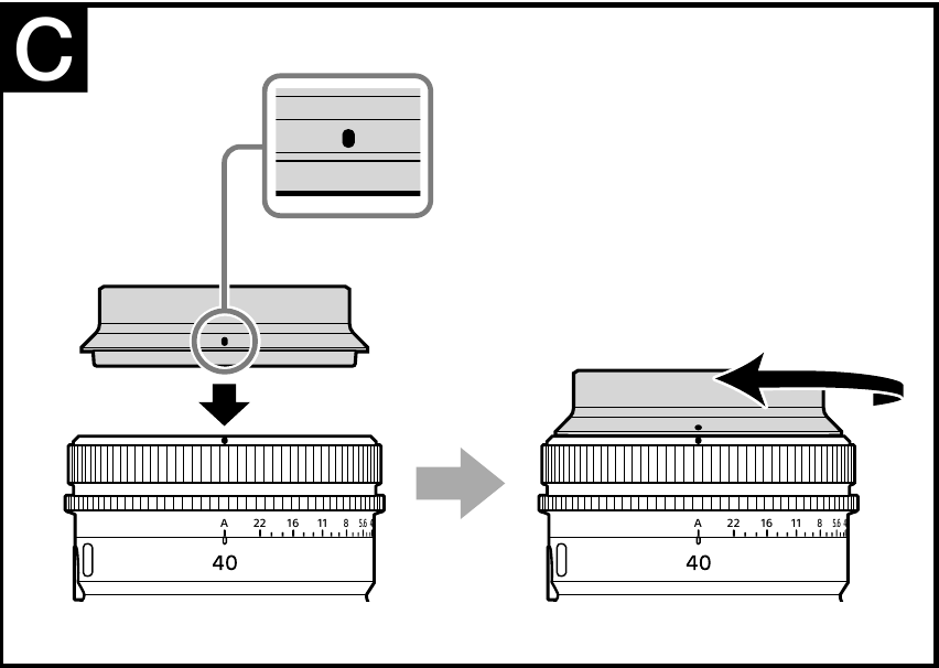 SONY - FE 40mm F2.5 G - Vastavalosuojan kiinnittäminen Vastavalosuojan kiinnittäminen