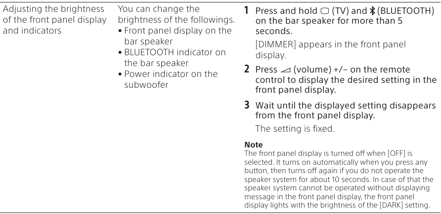 Sony - HT-SD40 - Ön Panel Ekranı/Göstergeleri Ayarları Ön Panel Ekranı/Göstergeleri Ayarları