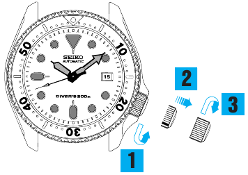 Seiko - 7S26 - LAIKO/KALENDORIAUS NUSTATYMAS (7S35) - 1 žingsnis LAIKO/KALENDORIAUS NUSTATYMAS (7S35) - 1 žingsnis
