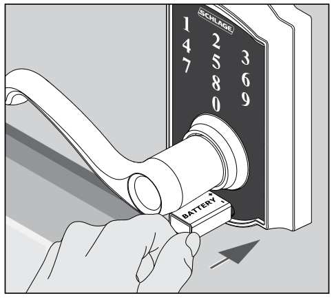 Schlage - BE375 - MANIJA DE PANTALLA TÁCTIL SIN LLAVE - Arranque de la batería - Paso 1 MANIJA DE PANTALLA TÁCTIL SIN LLAVE - Arranque de la batería - Paso 1