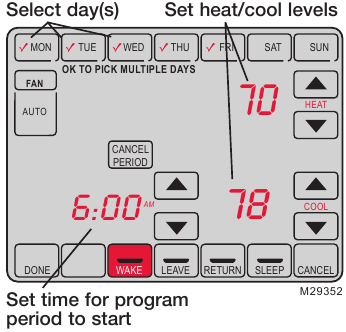 Honeywell - VisionPRO TH8000 Series - A program ütemezések beállítása - 2. lépés - Napok kiválasztása A program ütemezések beállítása - 2. lépés - Napok kiválasztása