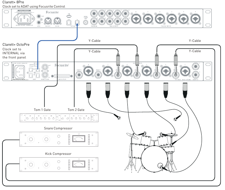 Focusrite - Clarett+ OctoPre - Davul kaydetmek için insert'leri kullanma Davul kaydetmek için insert'leri kullanma