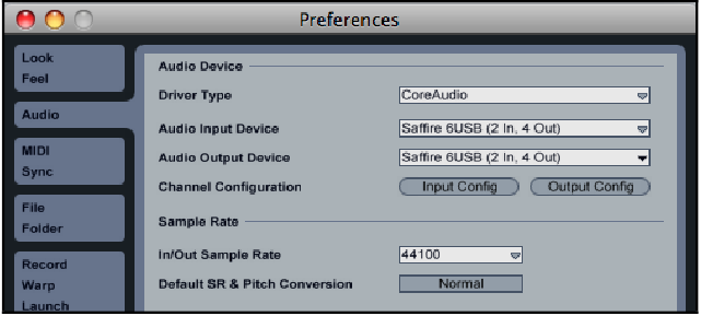 Focusrite - Saffire 6 USB - Konfiguracija panela Ableton Live Preferences Konfiguracija panela Ableton Live Preferences