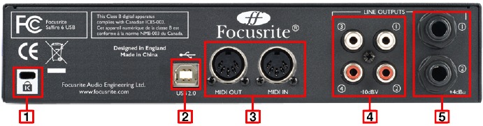 Focusrite - Saffire 6 USB - Lastnosti strojne opreme - Zadnja plošča strojne opreme Lastnosti strojne opreme - Zadnja plošča strojne opreme