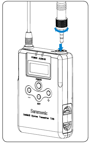 Saramonic - UwMic15 - Transmisor de petaca - Conexión de accesorios - Paso 2 Transmisor de petaca - Conexión de accesorios - Paso 2