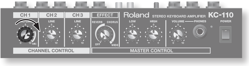 Roland - KC-110 - Prilagajanje glasnosti in tona - 2. korak Prilagajanje glasnosti in tona - 2. korak
