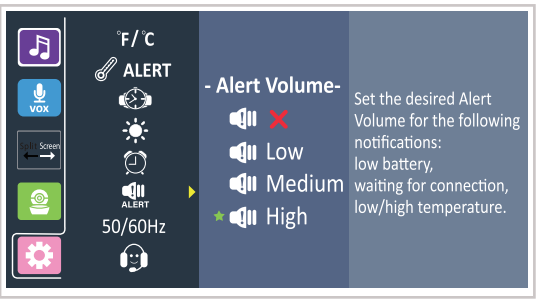 Babysense - HD-S2 - Įspėjimo signalo garsumo nustatymas Įspėjimo signalo garsumo nustatymas