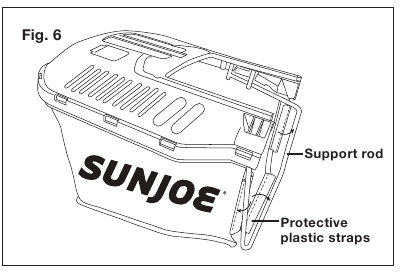 SunJoe - MJ402E - Montimi + Vendosja e Çantës së Grumbullimit të Barit - Hapi 1 Montimi + Vendosja e Çantës së Grumbullimit të Barit - Hapi 1
