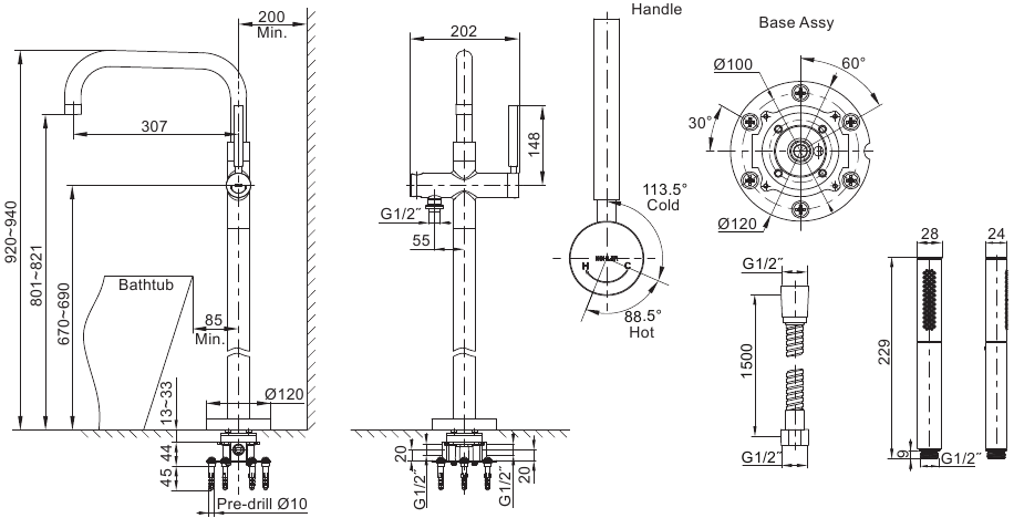 Kohler - PURIST 10129T-4 - WYMIARY MONTAŻOWE WYMIARY MONTAŻOWE
