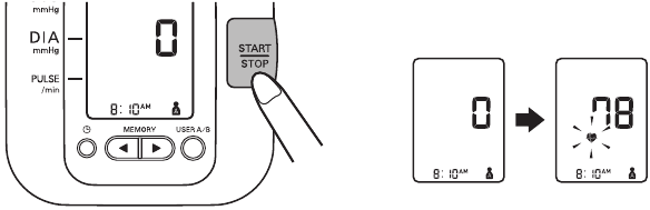 Omron - BP742 - PRISE D'UNE MESURE - Étape 4 - Appuyer sur démarrage/arrêt PRISE D'UNE MESURE - Étape 4 - Appuyer sur démarrage/arrêt