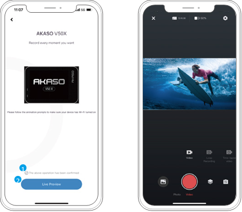 AKASO - V50 X - Ligar à aplicação AKASO GO - Passo 4 Ligar à aplicação AKASO GO - Passo 4
