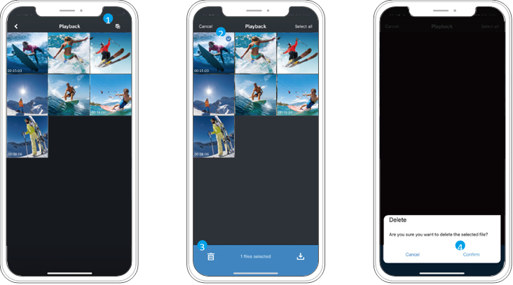 AKASO - V50 X - Reproduzir ou Eliminar Ficheiros na aplicação AKASO GO - Passo 3 Reproduzir ou Eliminar Ficheiros na aplicação AKASO GO - Passo 3