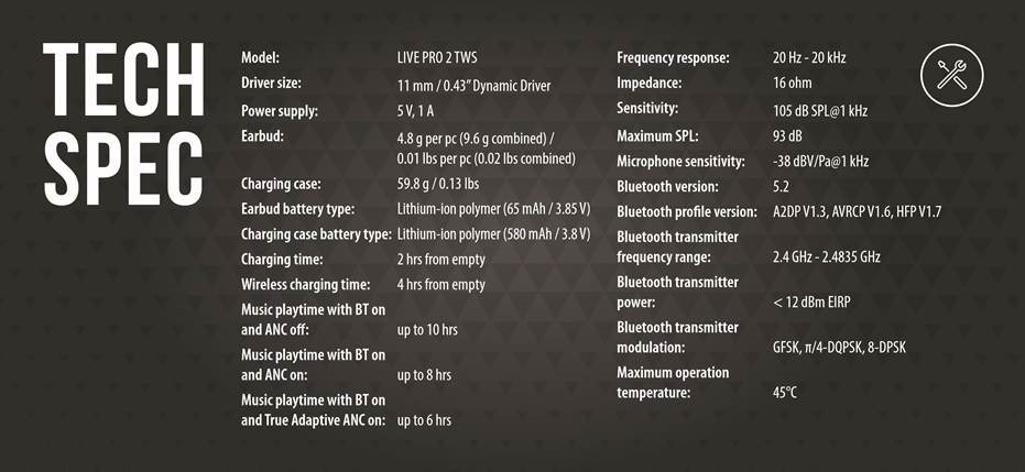 JBL - Harman Live Pro 2 TWS - TEHNIČNE SPECIFIKACIJE TEHNIČNE SPECIFIKACIJE