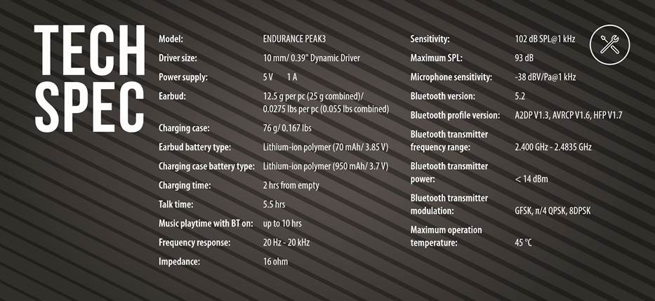 JBL - Harman Endurance Peak 3 - TEHNIČNE SPECIFIKACIJE TEHNIČNE SPECIFIKACIJE