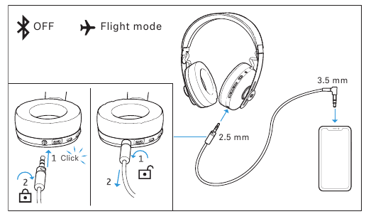 Sennheiser - MOMENTUM Wireless - Pripojenie slúchadiel pomocou audio kábla Pripojenie slúchadiel pomocou audio kábla