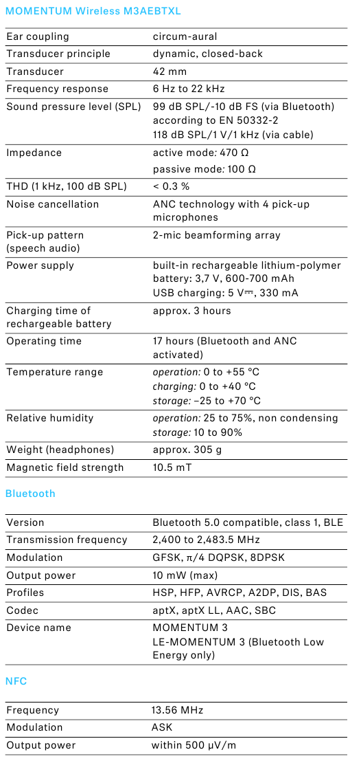 Sennheiser - MOMENTUM Wireless - Špecifikácie Špecifikácie