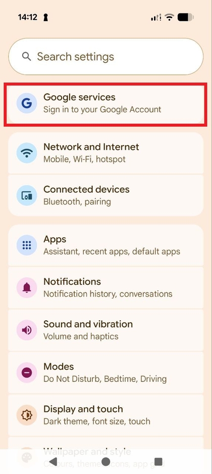 Opci&oacute;n de servicios de Google en Ajustes
