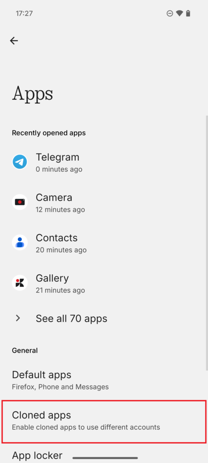 Ponuka sekcie Aplik&aacute;cia so zv&yacute;raznenou možnosťou &bdquo;Klonovan&eacute; aplik&aacute;cie&ldquo;.