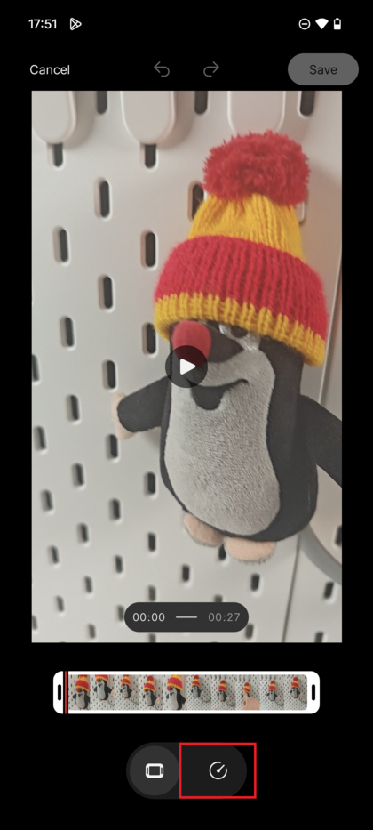 Captura de ecr&atilde; do editor de v&iacute;deo com o &iacute;cone de ponteiro circular para c&acirc;mara lenta destacado.