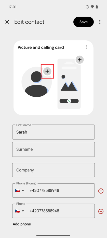A tela de edi&ccedil;&atilde;o de contato com o &iacute;cone de mais para adicionar uma foto destacado.