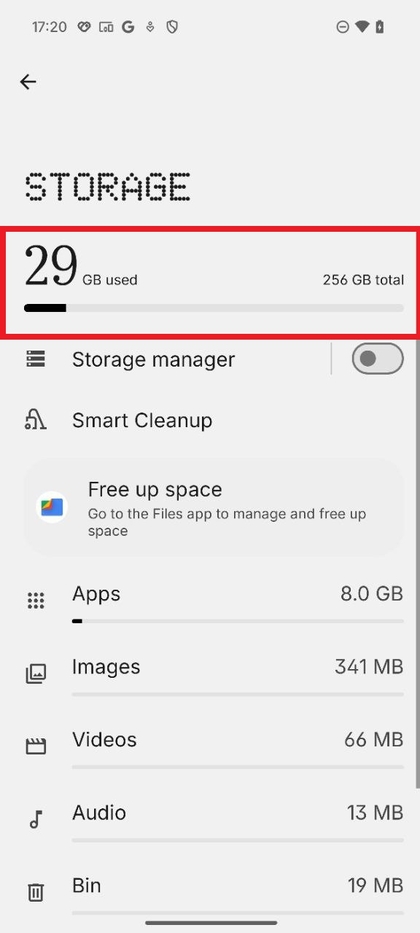Defini&ccedil;&otilde;es de armazenamento a mostrar espa&ccedil;o livre no Nothing Phone 3