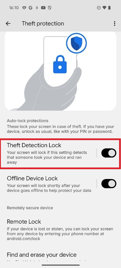 Screenshot of the Theft Protection sub-menu with the toggle for Theft Detection Lock highlighted and enabled.