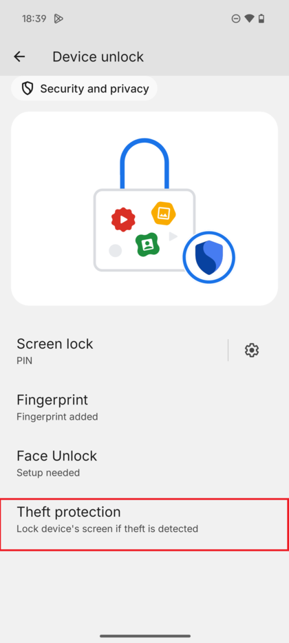 Screenshot showing the Theft protection menu with various locking and detection features.