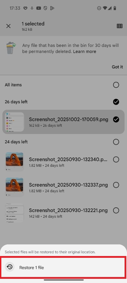 A confirmation pop-up window asking the user to confirm file restoration