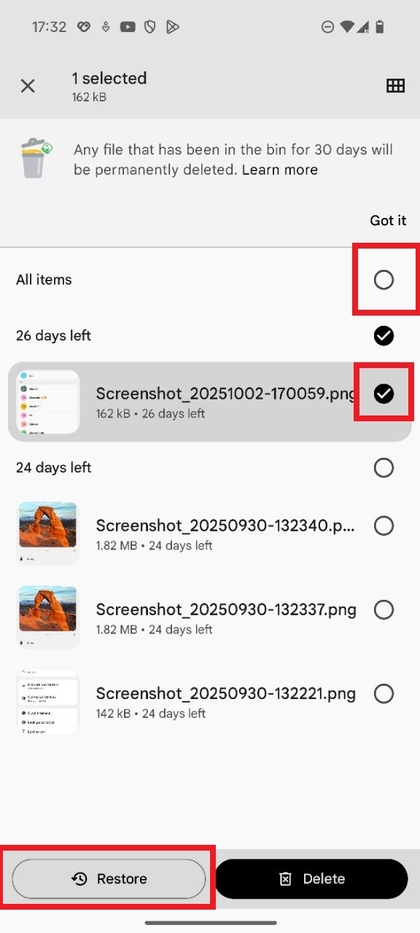 Screenshot showing selected files in the Bin with the Restore button visible