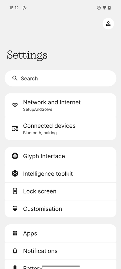 Tangkapan layar menu Pengaturan utama di Nothing OS.