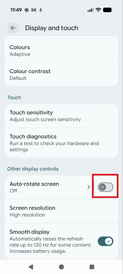 Capture d'&eacute;cran mobile du menu des param&egrave;tres d'Affichage d&eacute;fil&eacute; pour montrer le bouton de Rotation automatique de l'&eacute;cran.