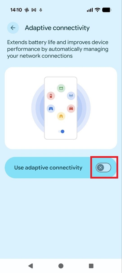 Captura de pantalla del interruptor de palanca de Conectividad adaptativa en la posici&oacute;n OFF