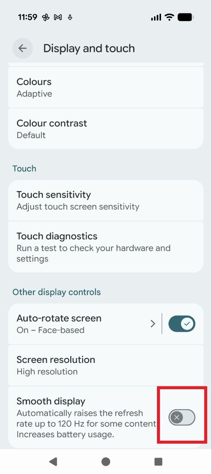 L'interrupteur &agrave; bascule Affichage fluide en position OFF, indiquant que 60 Hz est actif.
