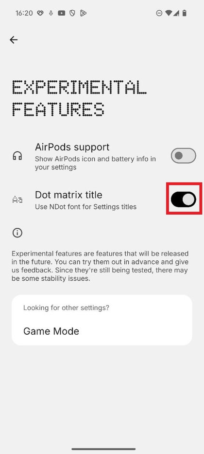 A screenshot showing the 'Dot Matrix' feature toggle switch in the 'Experimental features' menu